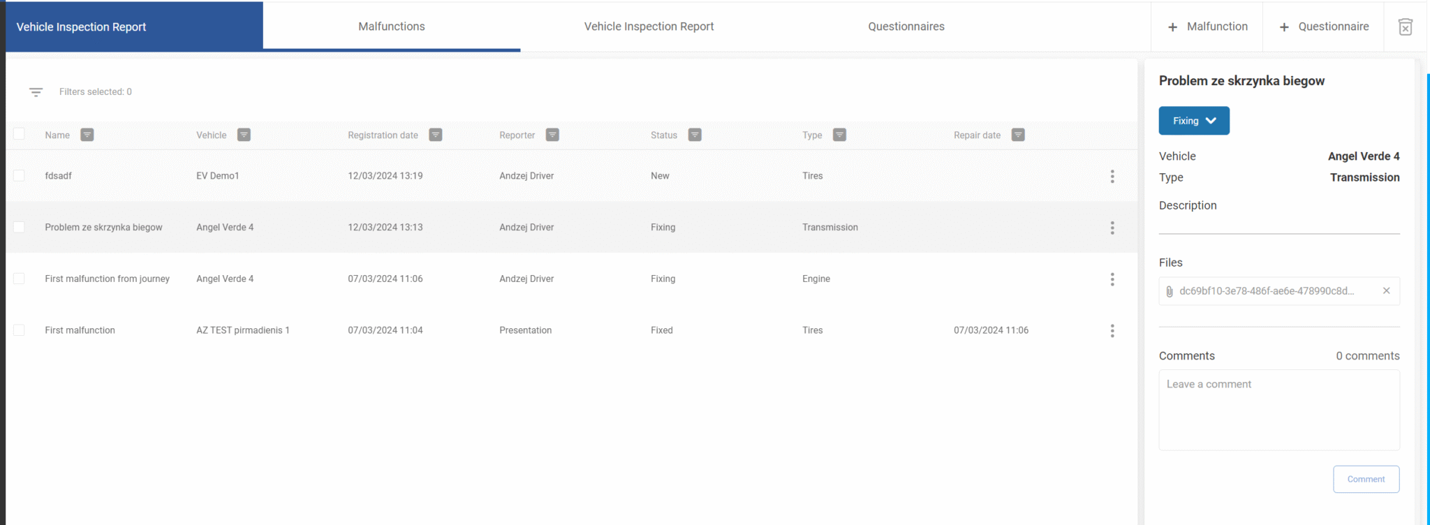 Vehicle inspection report – FMS documentation